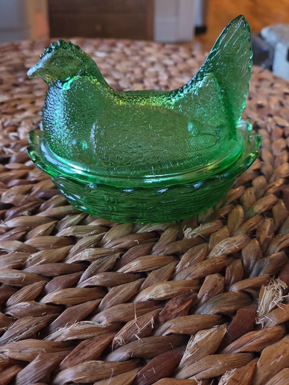 Vintage Glass Lime Green Hen Sitting On Basket Weave Dish. Covered Dish